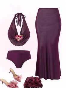 Swim Oasis Plus Size Floral Accent Sexy Solid Color Women Swimwear Set - Purple - View 1
