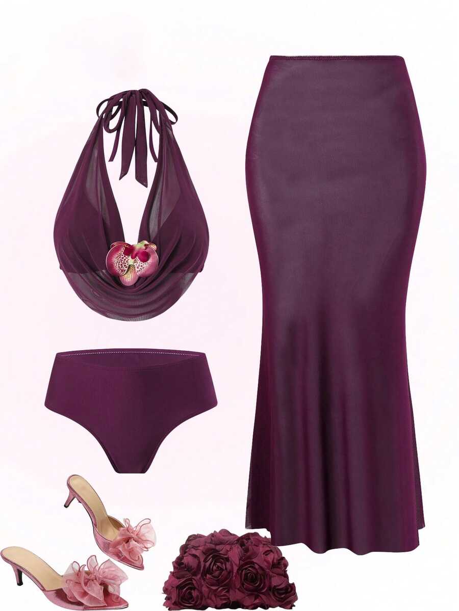 Swim Oasis Plus Size Floral Accent Sexy Solid Color Women Swimwear Set - Purple - View 1