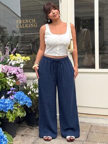 GalTyme 休閒傳統極簡風海軍藍紋理布料大尺碼女款長褲，適合秋冬正式居家穿著 - 藏蓝色 - 查看 4