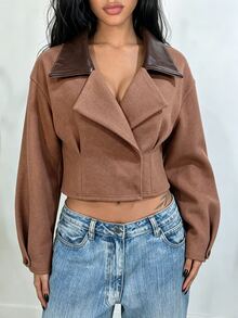 Elenzga Women's Wool & Leather Patchwork Jacket - Coffee Brown - View 5