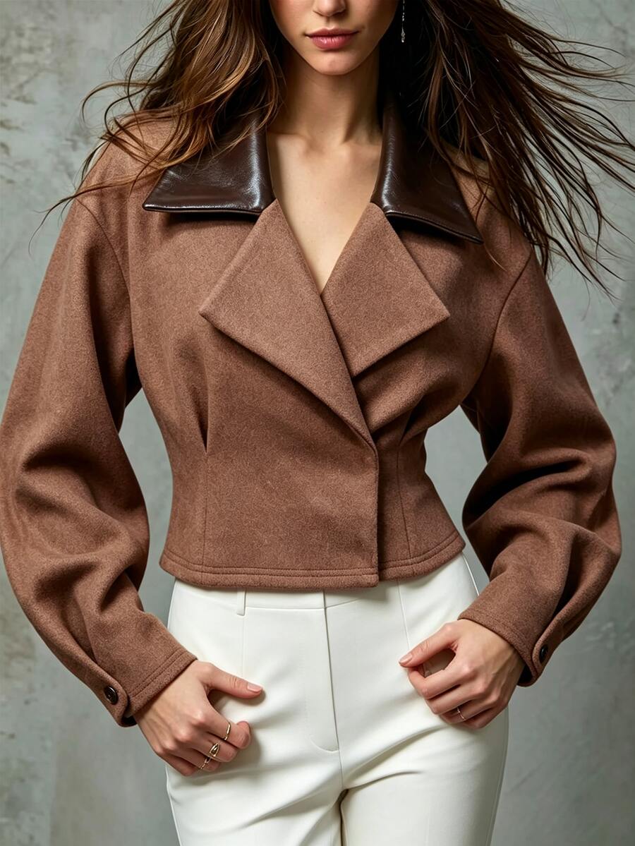 Elenzga Women's Wool & Leather Patchwork Jacket - Coffee Brown - View 1