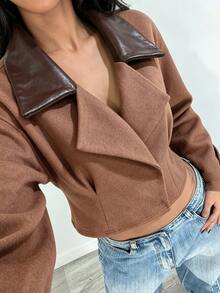 Elenzga Women's Wool & Leather Patchwork Jacket - Coffee Brown - View 6
