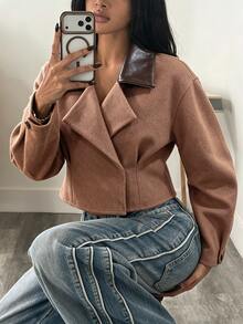 Elenzga Women's Wool & Leather Patchwork Jacket - Coffee Brown - View 3