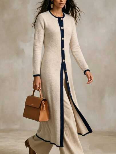 Wandoria 1pc Contrast Trim Button Front Cardigan