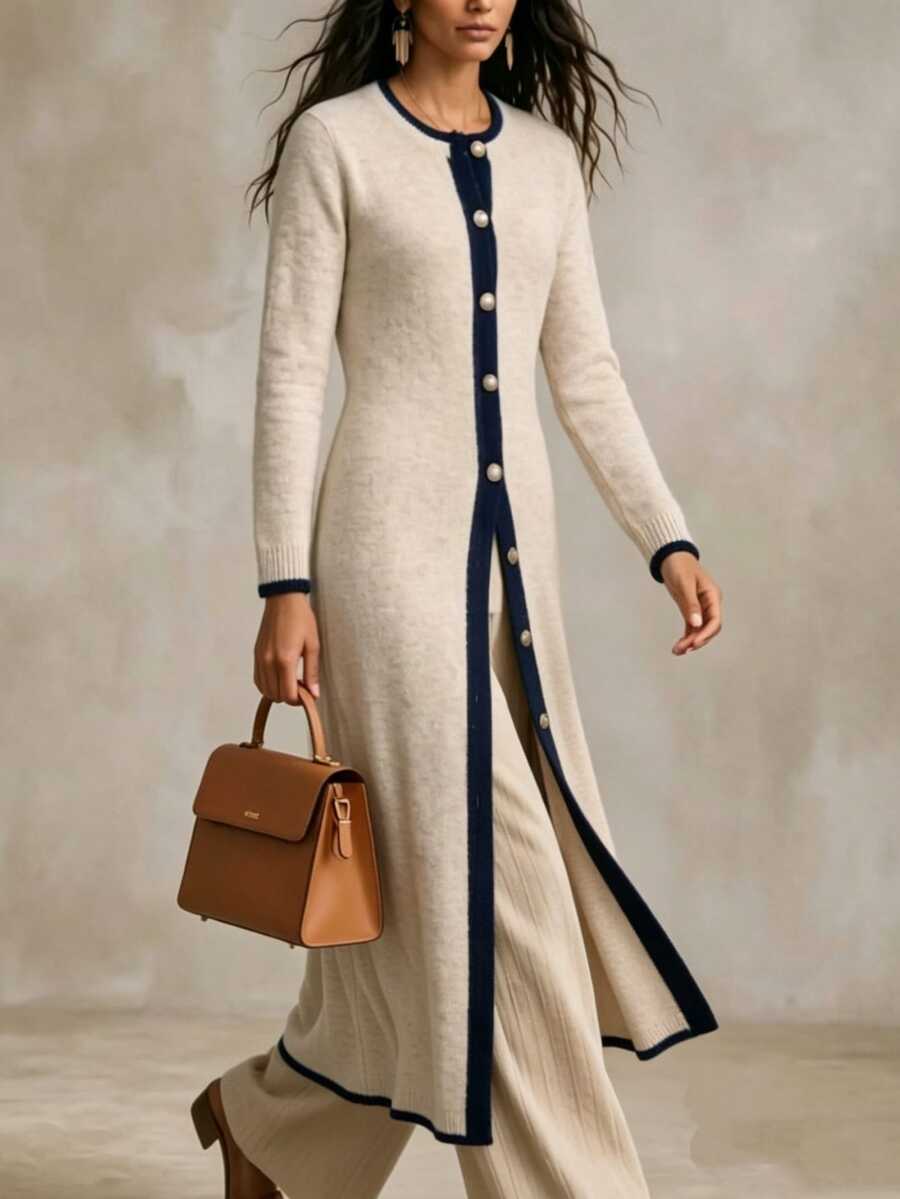 Wandoria 1pc Contrast Trim Button Front Cardigan - Apricot - View 1