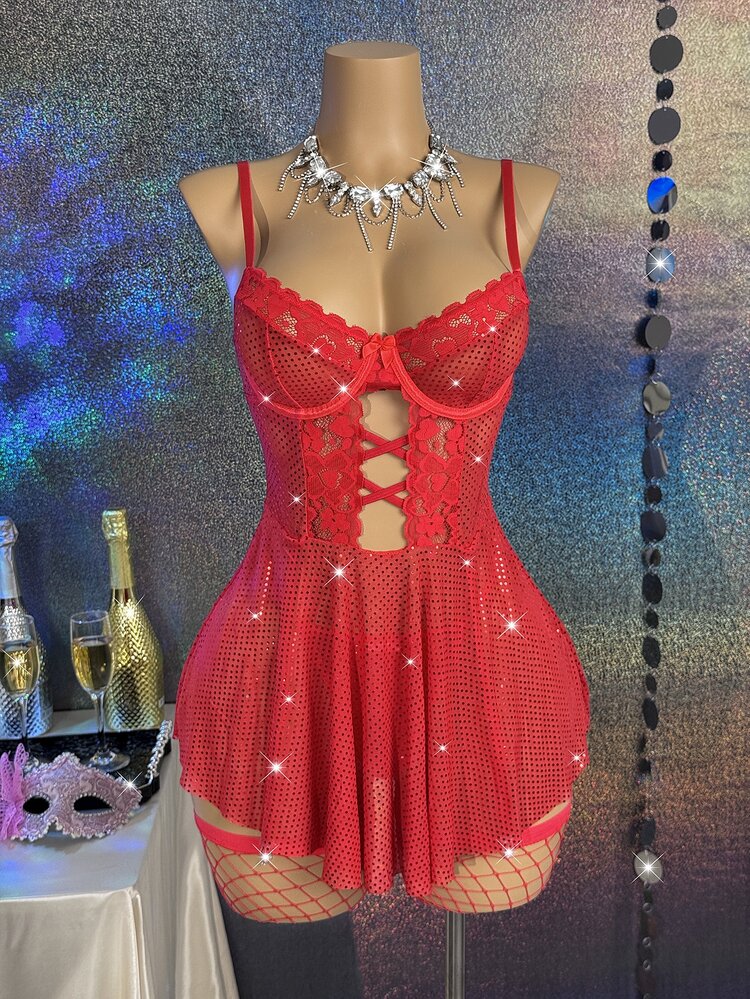 SHEIN 浪漫蕾絲女款性感亮片網紗面料迷人睡袍三件套 - 紅色 - 查看 3