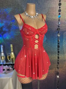 SHEIN مجموعة قميص نوم نسائي مثير من الدانتيل الرومانسي والترتر وقماش الشبكة الفاخرة 3 قطع - الأحمر - مشاهدة 1