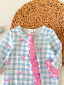 SHEIN Newborn Baby Cute Knitted Casual Cartoon Pattern Romper And Headband Set - Blue and White - View 3