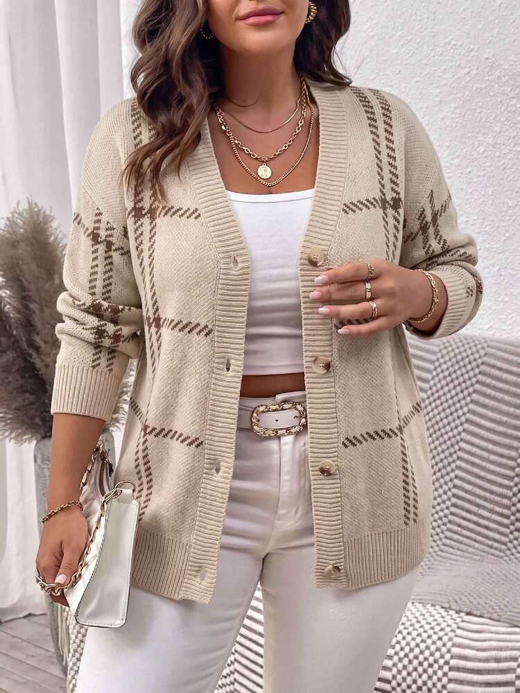 SHEIN LUNE CURVE Plus Size Women's Autumn/Winter Apricot Striped Colorblock V-Neck Cardigan, Fashionable Versatile Casual Daily Streetwear - Apricot - View 3