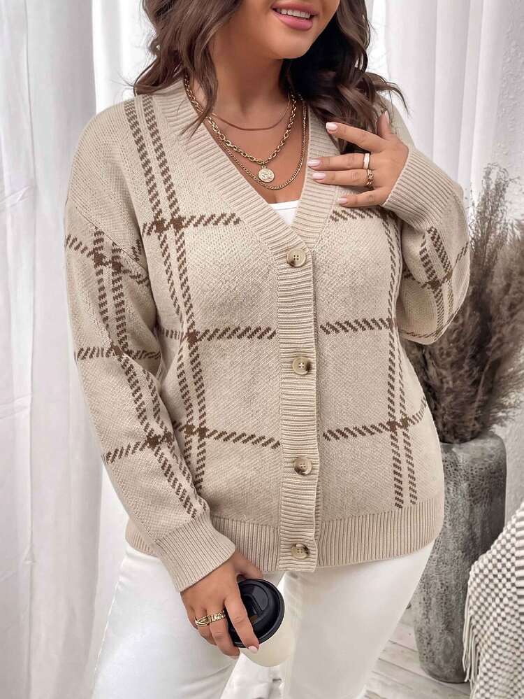SHEIN LUNE CURVE Plus Size Women's Autumn/Winter Apricot Striped Colorblock V-Neck Cardigan, Fashionable Versatile Casual Daily Streetwear - Apricot - View 4