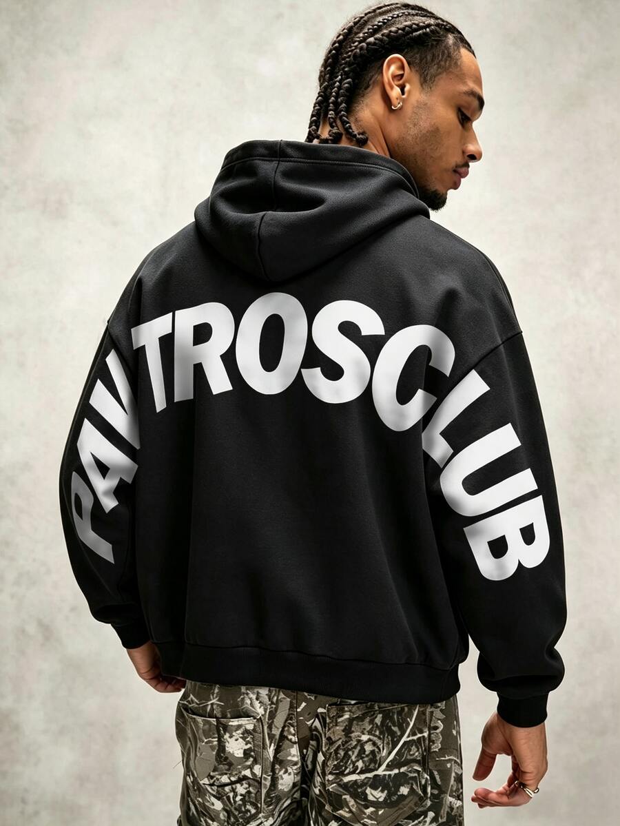 PAVTROS Men's Letter Print Long Sleeve Casual Hoodie Sweatshirt - Black - View 1