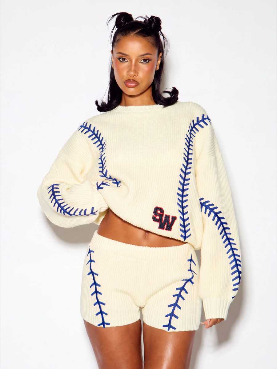 SUMWON WOMEN Baseball Stitch Knit Oversized Crop Sweater With Varsity Logo Patch And Ribbed Texture Fall Winter Pullover - Multicolor - View 1