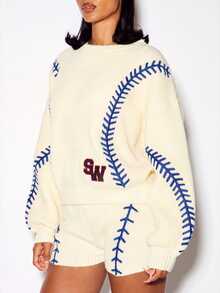 SUMWON WOMEN Baseball Stitch Knit Oversized Crop Sweater With Varsity Logo Patch And Ribbed Texture Fall Winter Pullover - Multicolor - View 4