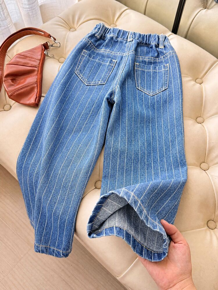 SHEIN Girls' White Solid Textured Wide Leg Pants, White Denim Casual Trousers For Spring And Summer Autumn Winter - Medium Wash - View 2