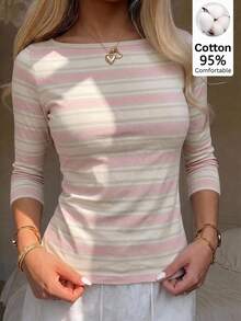 CovetEZ 休閒極簡風 95% 棉 性感露肩粉色條紋短袖 T-shirt，適合春夏穿搭，粉色條紋顯白，夏季上衣，適用日常通勤、約會、聚會，秋冬春夏皆宜，聖誕節、新年、感恩節、派對、婚禮、海灘、畢業典禮，時尚款 - 彩色 - 查看 7