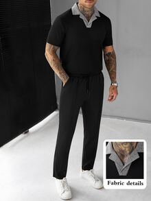 Manfinity CasualCool 男士夏季休閒街頭風格格領 Polo 衫長褲套裝 度假海灘黑色格紋全黑 - 黑色 - 查看 1