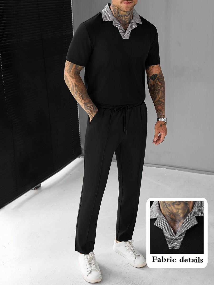 Manfinity CasualCool 男士夏季休閒街頭風格格領 Polo 衫長褲套裝 度假海灘黑色格紋全黑 - 黑色 - 查看 1