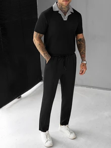 Manfinity CasualCool 男士夏季休閒街頭風格格領 Polo 衫長褲套裝 度假海灘黑色格紋全黑 - 黑色 - 查看 3