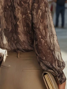 SHEIN Elegant Commuter Fashion Long Sleeve Chiffon Ruffle Loose Brown Animal Leopard Print Women's Blouse Autumn Shirt - Brown - View 5