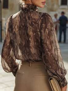SHEIN Elegant Commuter Fashion Long Sleeve Chiffon Ruffle Loose Brown Animal Leopard Print Women's Blouse Autumn Shirt - Brown - View 2