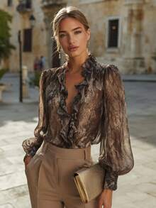 SHEIN Elegant Commuter Fashion Long Sleeve Chiffon Ruffle Loose Brown Animal Leopard Print Women's Blouse Autumn Shirt - Brown - View 7