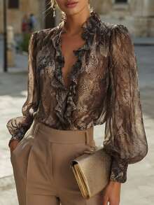 SHEIN Elegant Commuter Fashion Long Sleeve Chiffon Ruffle Loose Brown Animal Leopard Print Women's Blouse Autumn Shirt - Brown - View 6