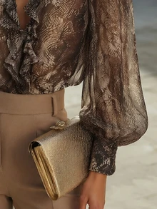 SHEIN Elegant Commuter Fashion Long Sleeve Chiffon Ruffle Loose Brown Animal Leopard Print Women's Blouse Autumn Shirt - Brown - View 3
