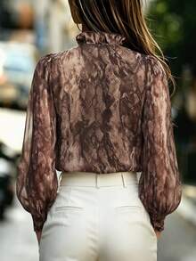 SHEIN Elegant Commuter Fashion Long Sleeve Chiffon Ruffle Loose Brown Animal Leopard Print Women's Blouse Autumn Shirt - Brown - View 9