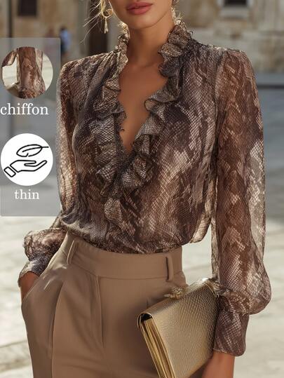 SHEIN Elegant Commuter Fashion Long Sleeve Chiffon Ruffle Loose Brown Animal Leopard Print Women's Blouse Autumn Shirt