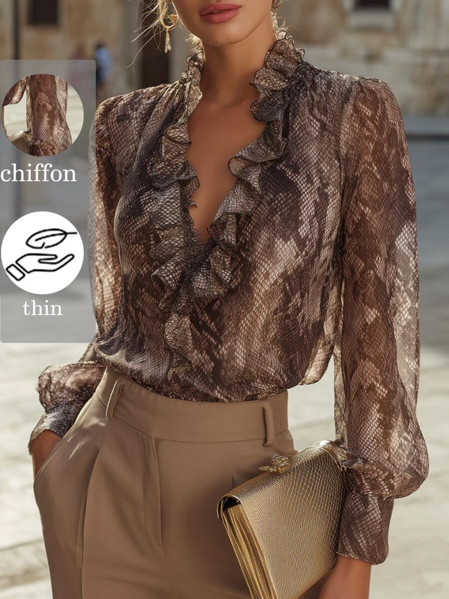 SHEIN Elegant Commuter Fashion Long Sleeve Chiffon Ruffle Loose Brown Animal Leopard Print Women's Blouse Autumn Shirt - Brown - View 1