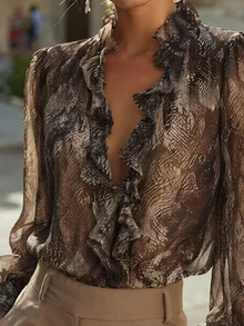 SHEIN Elegant Commuter Fashion Long Sleeve Chiffon Ruffle Loose Brown Animal Leopard Print Women's Blouse Autumn Shirt - Brown - View 4