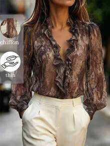 SHEIN Elegant Commuter Fashion Long Sleeve Chiffon Ruffle Loose Brown Animal Leopard Print Women's Blouse Autumn Shirt - Brown - View 8