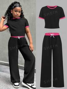 Tween Girls Knit Patchwork Crew Neck Short Sleeve Sports Set - Black - View 1