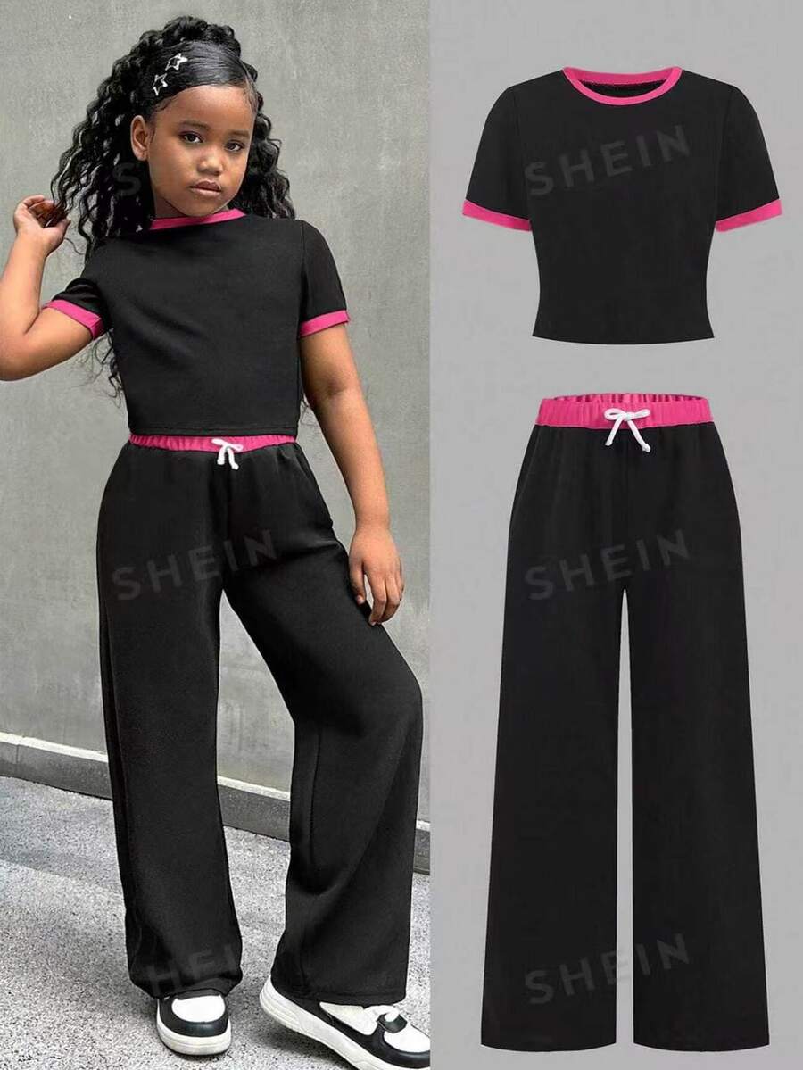 Tween Girls Knit Patchwork Crew Neck Short Sleeve Sports Set - Black - View 1