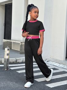 Tween Girls Knit Patchwork Crew Neck Short Sleeve Sports Set - Black - View 5