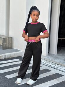 Tween Girls Knit Patchwork Crew Neck Short Sleeve Sports Set - Black - View 2