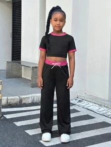 Tween Girls Knit Patchwork Crew Neck Short Sleeve Sports Set - Black - View 6