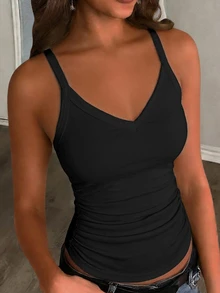 Slaydiva 91% Cotton Black Summer Casual Everyday Women Tank Top,Solid Ribbed V-Neck Racerback Gathered Basic Versatile Outfits For Party,Sports & Yoga - Black - View 9