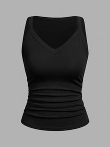 Slaydiva 91% Cotton Black Summer Casual Everyday Women Tank Top,Solid Ribbed V-Neck Racerback Gathered Basic Versatile Outfits For Party,Sports & Yoga - Black - View 1