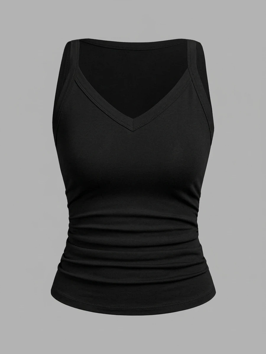 Slaydiva 91% Cotton Black Summer Casual Everyday Women Tank Top,Solid Ribbed V-Neck Racerback Gathered Basic Versatile Outfits For Party,Sports & Yoga - Black - View 1