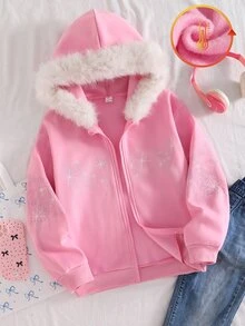 SHEIN 1件青少年女孩深色甜酷風加厚秋冬外套，大毛領連帽拉鍊運動衫，鑲鑽字母設計，保暖內裡寬鬆長袖運動夾克 - 粉色 - 查看 7