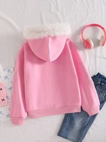 SHEIN 1件青少年女孩深色甜酷風加厚秋冬外套，大毛領連帽拉鍊運動衫，鑲鑽字母設計，保暖內裡寬鬆長袖運動夾克 - 粉色 - 查看 2