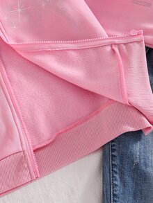 SHEIN 1件青少年女孩深色甜酷風加厚秋冬外套，大毛領連帽拉鍊運動衫，鑲鑽字母設計，保暖內裡寬鬆長袖運動夾克 - 粉色 - 查看 6