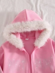 SHEIN 1件青少年女孩深色甜酷風加厚秋冬外套，大毛領連帽拉鍊運動衫，鑲鑽字母設計，保暖內裡寬鬆長袖運動夾克 - 粉色 - 查看 3