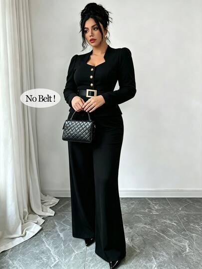 Elenzga Plus Size Women's Black Drape Suit Set, Small Lapel Button-Up Waist-Cinching Belt Jacket And Wide Leg Pants, Formal Suit For Wedding And Office Wear, Autumn/Winter