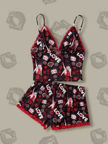 Betty Boop x SHEIN Women's Cartoon Print Camisole Top And Shorts Pajama Set - Black - View 2