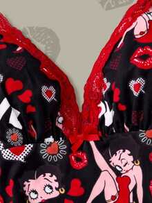 Betty Boop x SHEIN Women's Cartoon Print Camisole Top And Shorts Pajama Set - Black - View 4