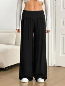 SHEIN Tall Celana Panjang Wanita Polos Kasual Serbaguna untuk Pemakaian Sehari-hari - Hitam - View 4