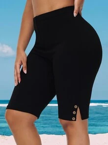 EMERY ROSE Leggings de cintura alta de unicolor casual de talla grande - Negro - Ver 1