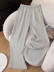 Selianne 女士黑白条纹系带腰袋长款阔腿裤，优雅精致，适合生日礼物、约会、派对、情人节、狂欢节、聚会、音乐节、旅行、街拍、夏季穿搭、夏季长裤，夏季必备时尚单品，小众设计，百搭黑白阔腿裤 - 黑與白 - 查看 2